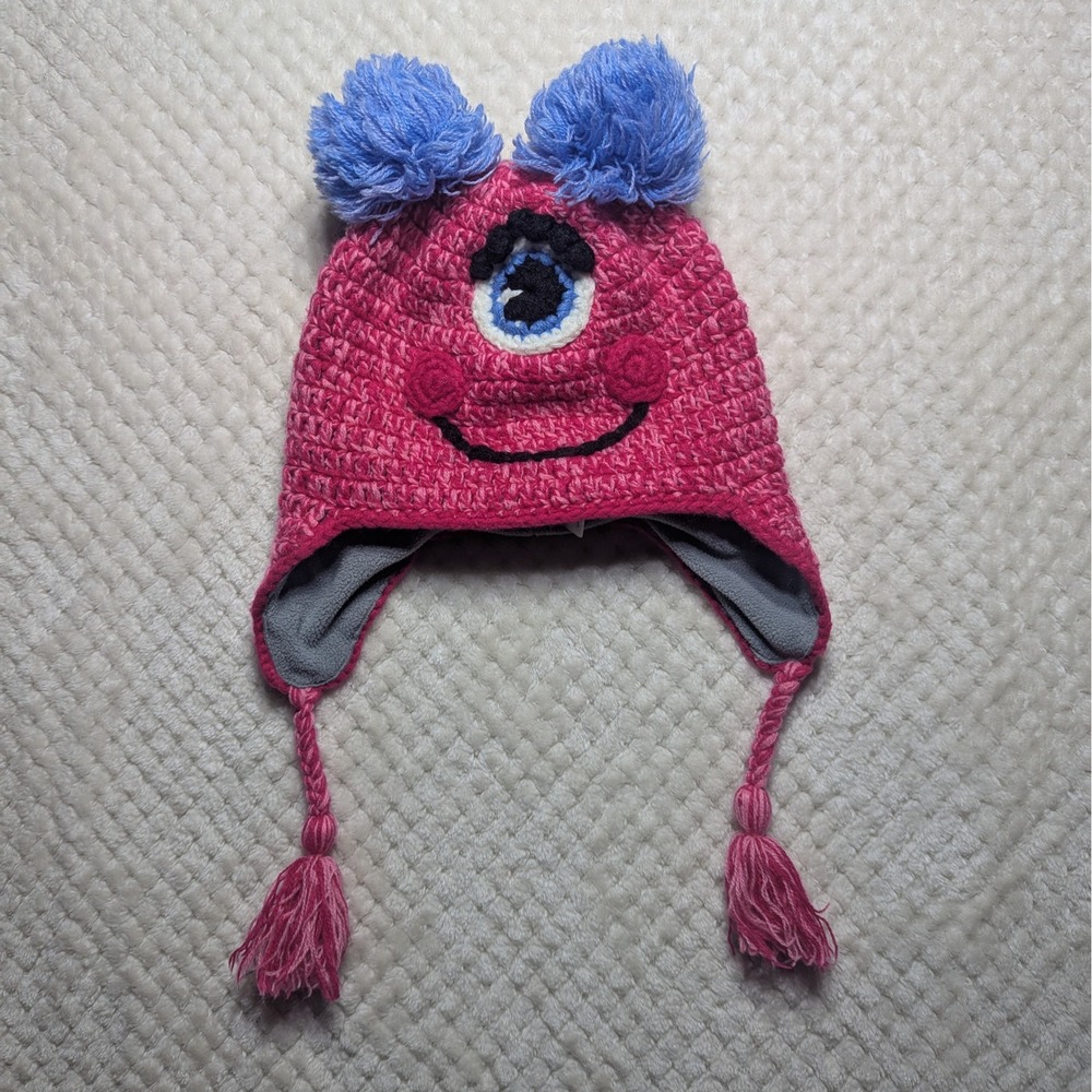 L.L. Bean Baby Knit Monster Hat 12–24M Pink Fleece‎ Lined Winter Ear Flap
